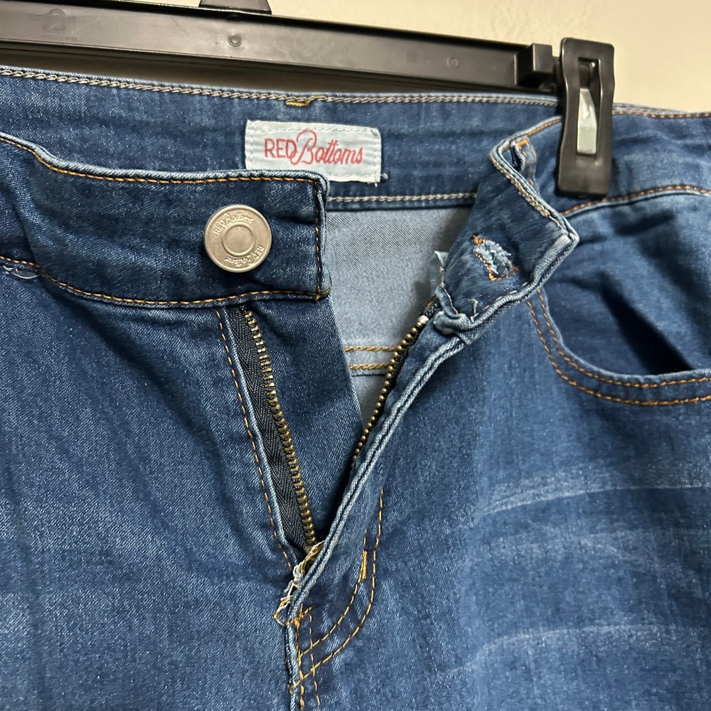 Red Bottoms Flare Jeans Womens 34X30 Blue Raw Hem High Rise Denim Retro Y2k Boho - Picture 8 of 11
